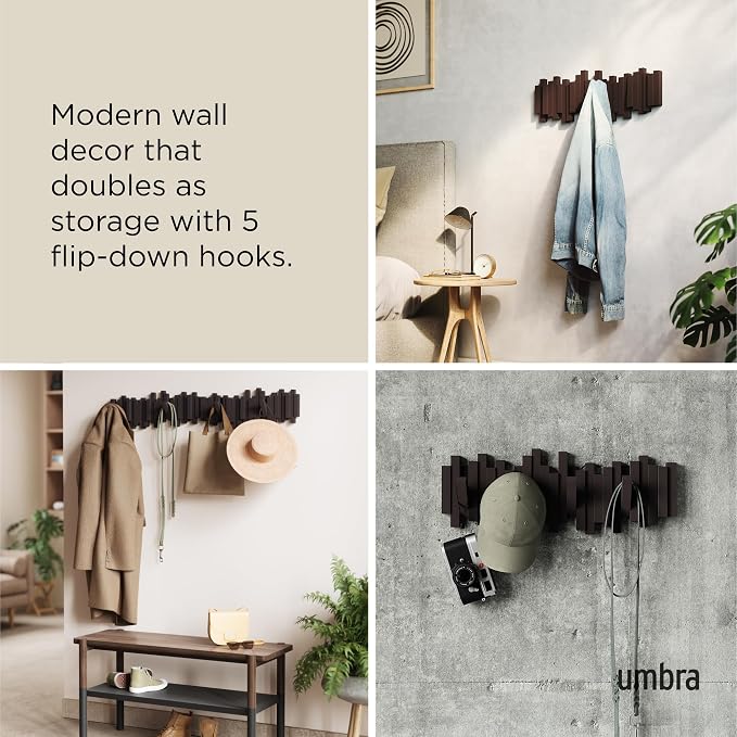 Umbra Sticks Wall Mount Coat Rack, 5 Hook Retractable Pegs, Espresso | Mounting hardware included, sculptural modern design, entryway or bedroom use, recycled plastic