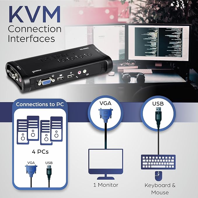 TRENDnet 4-Port USB KVM Switch, TK-407K, Black,NDAA & TAA Compliant