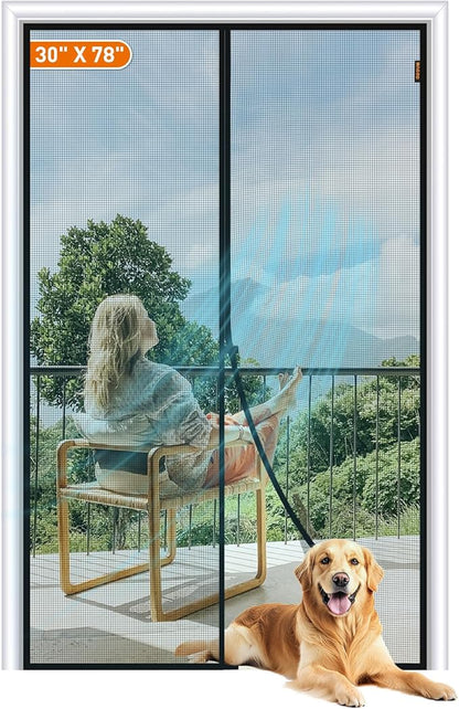 MAGZO Magnetic Screen Door, Fits Door Size 30 x 78 Inches, Actual Screen Size 32 x 79 Inches Reinforced Fiberglass Mesh Curtain for French and Entry Entrance Mesh with Full Frame Hook & Loop, Gray