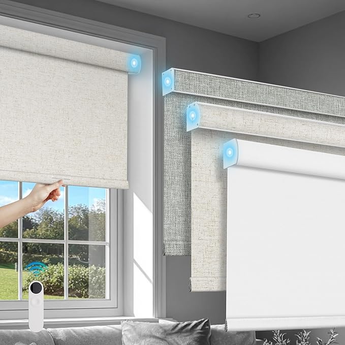 BERISSA Motorized Blinds with Remote,Dual-Control(Manual + Remote) Roller Shades,Blackout&Light Filtering Rechargeable Smart Electric Window Blinds for Home,Office,Custom Color,Custom Size