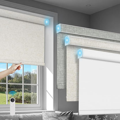 BERISSA Motorized Blinds with Remote,Dual-Control(Manual + Remote) Roller Shades,Blackout&Light Filtering Rechargeable Smart Electric Window Blinds for Home,Office,Custom Color,Custom Size