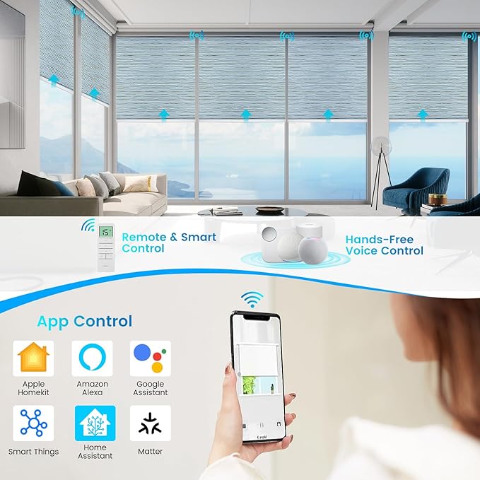 Motorized 100% Blackout Roller Shades – Custom Smart Blinds with Remote Control, Rechargeable Battery or Plug-in Motor, Tuya WiFi Optional, Home & Office Automatic Window Shades (Ash Blue/CH94210)