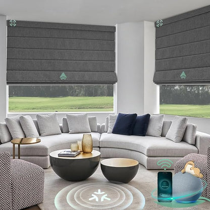 Yoolax Motorized Matter Roman Shades Light Filtering Smart Blinds for Windows Compatible with Alexa, Google Home, Homekit, Automatic Roman Shades with Remote Customized (Dark Grey)