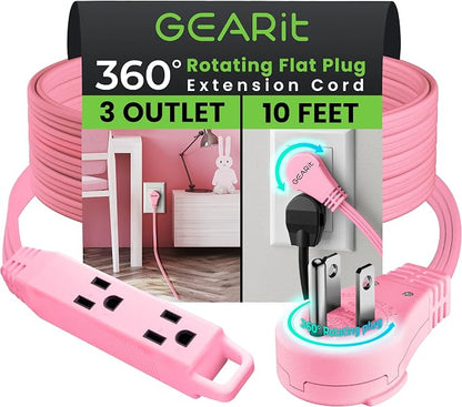 GEARit 10 ft 360° Rotating Flat Plug Extension Cord, 3 Outlet Low Profile Power Cord, 16 AWG 13A 3 Prong Grounded Indoor Cord, ETL Listed, Space-Saving for Furniture, Pink