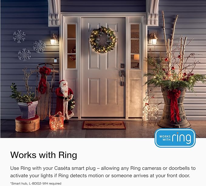 Lutron Caséta Outdoor Smart Plug On/Off Switch Holiday Light Starter Kit with Smart Hub and Pico Remote | Compatible with Alexa, Google Assistant, Ring, Apple Home | for String Lights and Inflatables