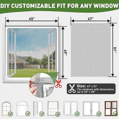 HOFUDON Window Screen Adjustable Magnetic Window Screen Replacement Max 47” x 51”, DIY Fiberglass Mesh Window Screens for House Windows White Frame Grey Mesh