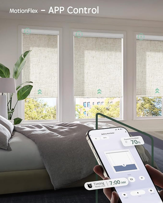 Yoolax Motorized Shades Dual Control, MotionFlex Motorized Roller Shades with App & Manual Control, Pull Down Automatic Shades for Indoor Windows, Custom Size(Light Filtering Linen Beige)