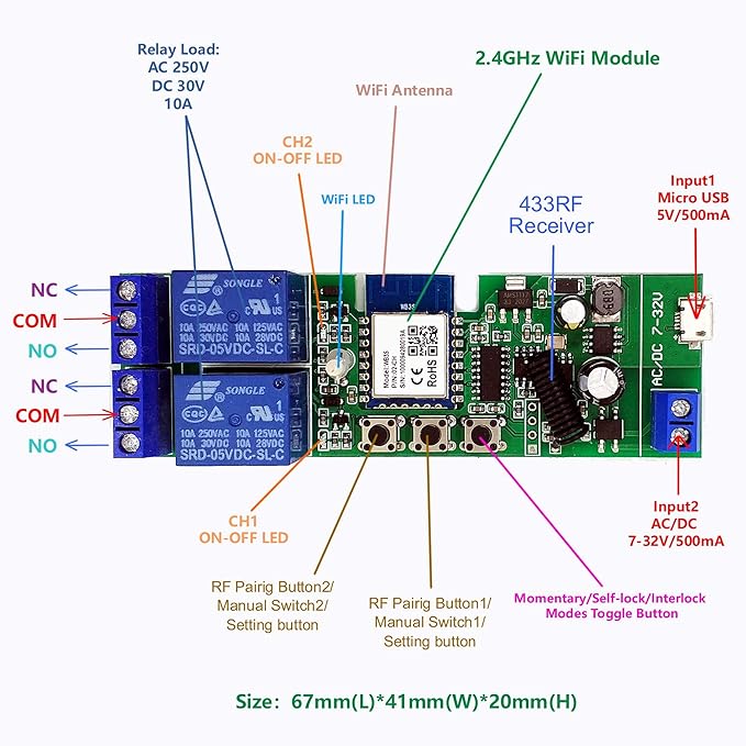 2 channelsWiFi Wireless Smart Switch Inching Self-locking Relay Module, be applied to access control Tuya SmartLife APP,DIY WIFI Garage Door Opener With 433 MHz RF remote control