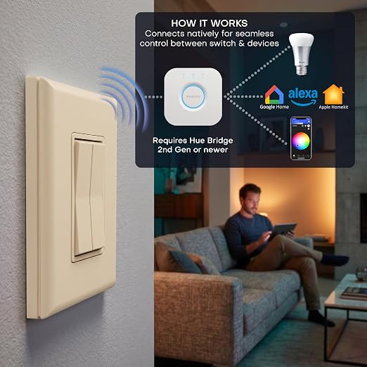 RunLessWire Click for Hue Battery-Free Wireless Switch 2 Pack Light Almond | Dimmable Kinetic Switch Pairs Natively to Philips Hue Bridge, 4 Programmable Buttons to Control Scenes & Areas, 100ft Range