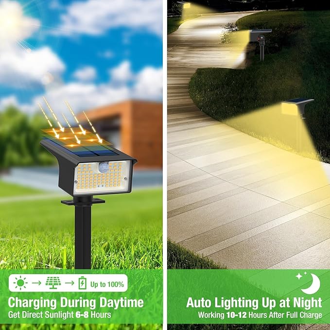 [3 Pack & 62LED]Solar Spot Lights Outdoor Motion Sensor, 3 Modes Motion Sensor Outdoor Lights 2-in-1 Solar Landscape Spotlights LED Solar lights for Outside Yard Garden Wall Pathway Walkway,Warm White