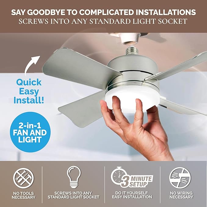 Bell+Howell Socket Breeze Cool Light Deluxe Silver – Ceiling Fans with LED Lights and Remote Control, Replacement for Lightbulb - Bedroom, Kitchen, Living Room,1000 Lumens / 5000 Kelvins