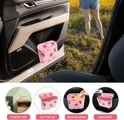 Mini Car Trash Can with Lid – Cute Strawberry Pink Trash Can for Women with 5 Bags, Girly Automotive Organizer for Front and Back Seat, Car Accessories for Teen Girls, SUV, Truck, Sedan
