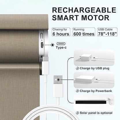 BERISSA Smart Motorized Blinds with Remote,No Drill Automatic Roller Blinds for Indoor Windows,Blackout Linen Fabric,Electric Shades for Windows Home Office,Double-Sided Brown,Custom Size