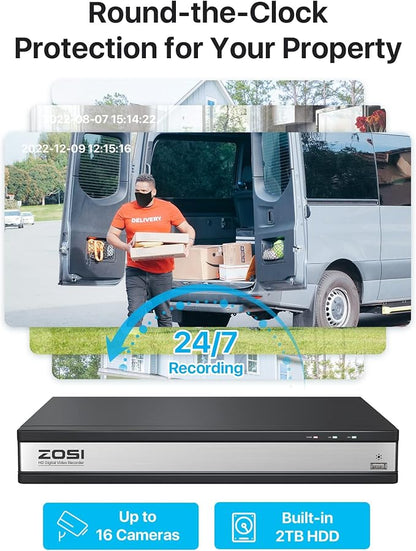 ZOSI 16 Channel Security Camera System 1080p, 2MP H.265+ Hybrid 16CH DVR with AI Human Vehicle Detect, 12 x 1080p CCTV Dome Camera Outdoor, 80ft Night Vision, 90° View Angle, Remote Access, 2TB HDD