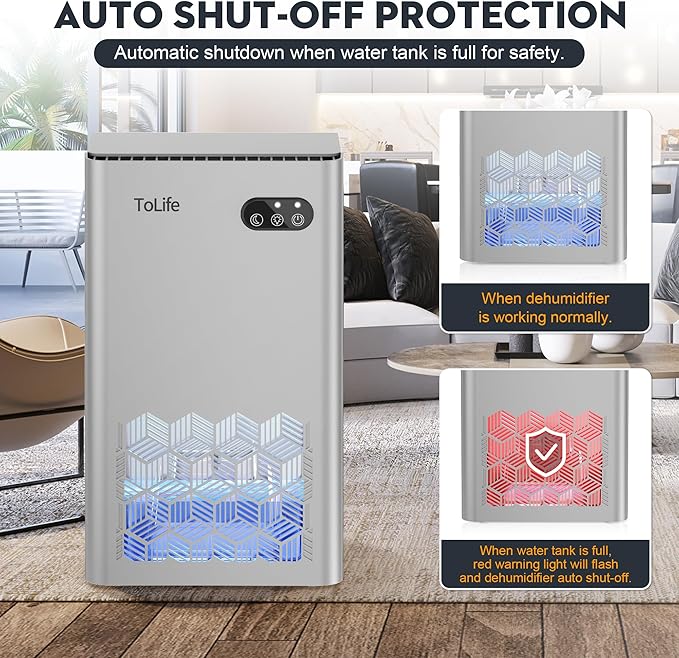 ToLife Dehumidifier for Home, 1000 sq.ft Dehumidifiers for Basement Bathroom Bedroom with 95 OZ Water Tank, Auto Shut Off 7 Colors LED Light, Silver