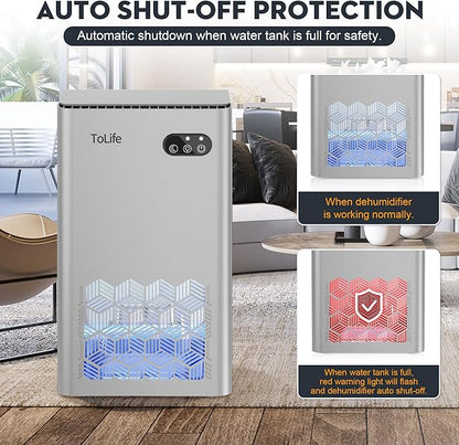 ToLife Dehumidifier for Home, 1000 sq.ft Dehumidifiers for Basement Bathroom Bedroom with 95 OZ Water Tank, Auto Shut Off 7 Colors LED Light, Silver