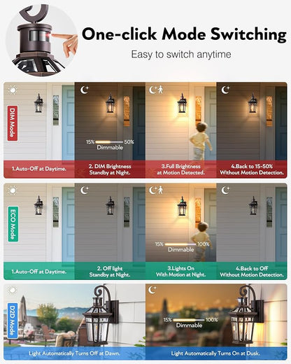 2 Pack Motion Sensor Outdoor Porch Lights Wall Mount, Oil Rubbed Bronze Outside Garage Lights Wall Lantern, Dusk to Dawn Exterior Lighting Fixtures, Anti-Rust Outside Sconce Light for Patio