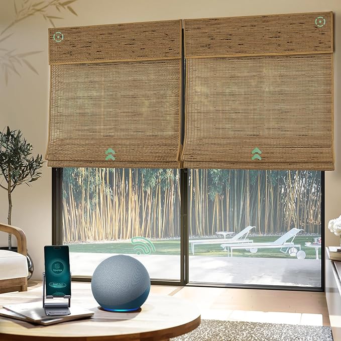 Yoolax Motorized Bamboo Roman Shades with Remote, Smart Roman Shades for Indoor Windows, Light Filtering Automatic Blinds Work with Alexa, Google Home, Apple Homekit, Customized (Bamboo Texture Brown)