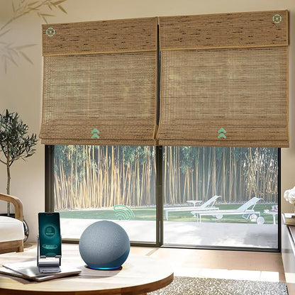 Yoolax Motorized Bamboo Roman Shades with Remote, Smart Roman Shades for Indoor Windows, Light Filtering Automatic Blinds Work with Alexa, Google Home, Apple Homekit, Customized (Bamboo Texture Brown)
