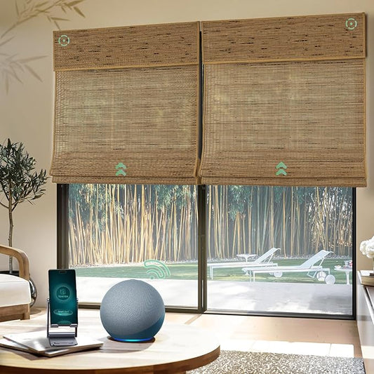 Yoolax Motorized Bamboo Roman Shades with Remote, Smart Roman Shades for Indoor Windows, Light Filtering Automatic Blinds Work with Alexa, Google Home, Apple Homekit, Customized (Bamboo Texture Brown)