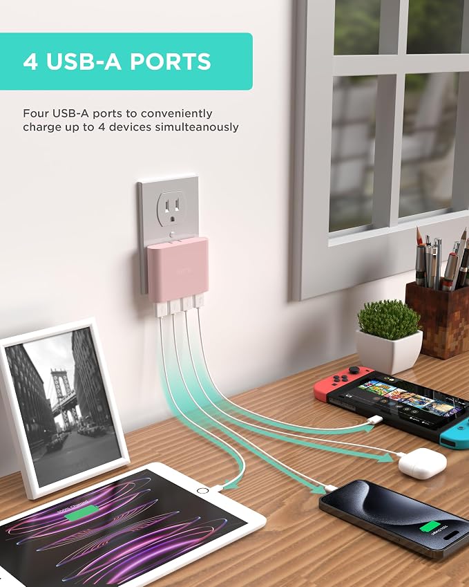 iHome Slim 4-Port USB Wall Charger, Flat Multiport Travel Plug Adapter | Foldable Prongs, 2.4A Rapid Charge Port, Charges iPhone, Android, iPad, AirPods, Travel-Friendly, Charging Block for Home Use