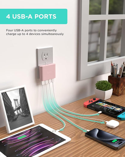 iHome Slim 4-Port USB Wall Charger, Flat Multiport Travel Plug Adapter | Foldable Prongs, 2.4A Rapid Charge Port, Charges iPhone, Android, iPad, AirPods, Travel-Friendly, Charging Block for Home Use