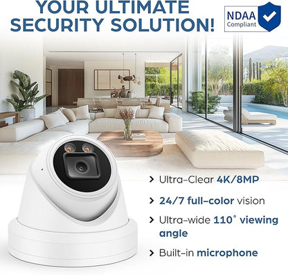 4K PoE Turret Dome Camera (8MP STARVIS) with Microphone, Smart Dual-Light 100ft Color Night Vision, IP67 Weatherproof Indoor/Outdoor, 110° Wide Angle 2.8mm Lens, NDAA Compliant IP Camera