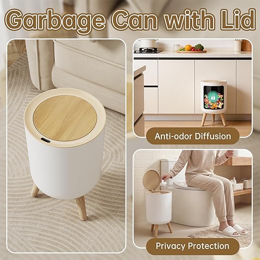 Motion Senor Bathroom Trash Can with Lid, 2.38 Gal Mini Garbage Can, Smart Automatic Touchless Open, Round Decorative Trashcan with legs and Wood Grain Top, for Kitchen Bedroom Office, Plastic, White