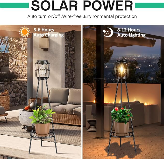 MXwcy Solar Lights Outdoor with LED Edison Bulbs, Solar Floor Lamp with Plant Stands for Garden Yard Pathway Driveway Front/Back Porch Decoration
