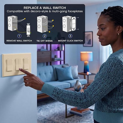 RunLessWire Click for Hue Battery-Free Wireless Switch 3 Pack Light Almond | Dimmable Kinetic Switch Pairs Natively to Philips Hue Bridge, 4 Programmable Buttons to Control Scenes & Areas, 100ft Range