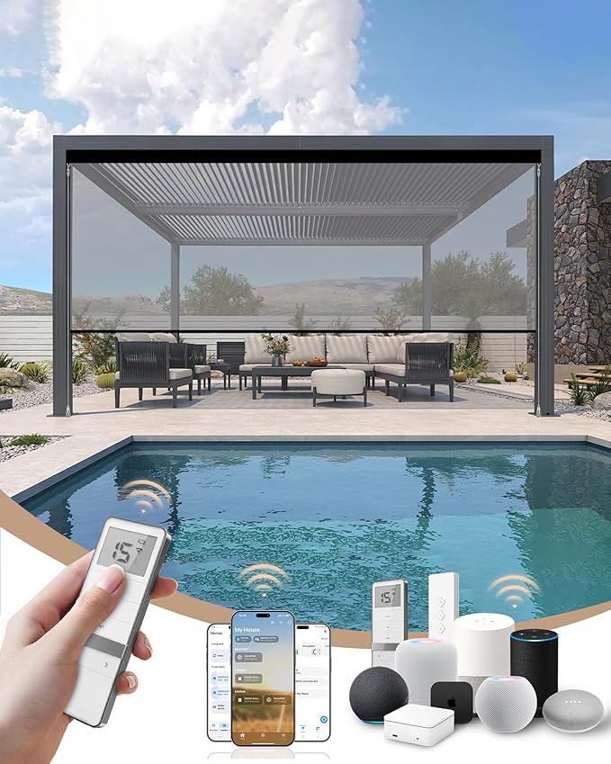 Kincmo Motorized Outdoor Shades for Patio Porch, Custom Outdoor Motorized Blinds with Remote, Waterproof & Windproof Patio Shades Work with Apple Homekit,Alexa,Google (5% Openness White Grey)