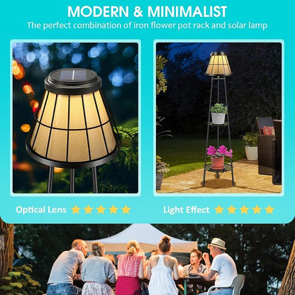 MXwcy 2-Tier Solar Plant Stand with Light, Modern Outdoor Floor Lamp with Classic Grid Lantern, Waterproof Tall Metal Planter Display Rack for Patio, Porch, Balcony, Garden Decor (2 Pack)