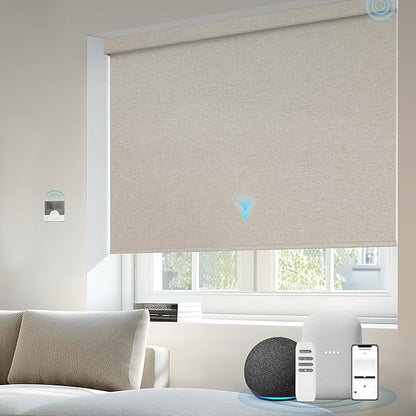Motorized Blinds Compatible with Alexa Google Custom to 108" Width 100% Blackout Smart Blind Automatic Large Window Roller Shades Remote Control Fabric Beige