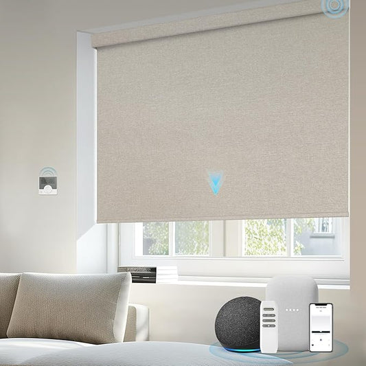 Motorized Blinds Compatible with Alexa Google Custom to 108" Width 100% Blackout Smart Blind Automatic Large Window Roller Shades Remote Control Fabric Beige