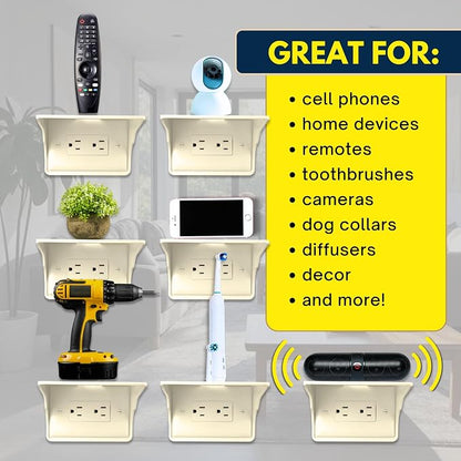Power Perch Horizontal Outlet Shelf Organizer for Alexa Echo Dot Speakers, Phone - Wall Outlet Holder with Cord Storage Strap - Socket Shelf Bathroom Kitchen Counter Charging Station - Almond 2 Pack