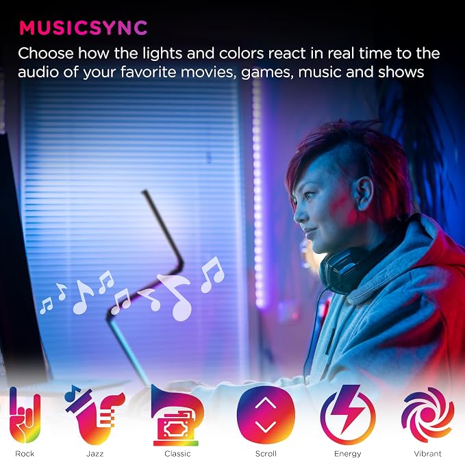 Enbrighten Vibe RGBWIC Smart Foldable Floor Lamp with Music Sync | Color-Changing Ambient Lighting with DIY Effects, Alexa and Google Compatible, Ideal for Gaming Rooms and Bedrooms