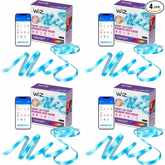 WiZ LED Smart Light Strip - Sunset to Sunrise Automation + Preset Light Modes + Control with Voice or App, Full Color RGB, Works with Alexa, Google Home, and HomeKit - 50 ft Cut to Fit (Pack of 4)