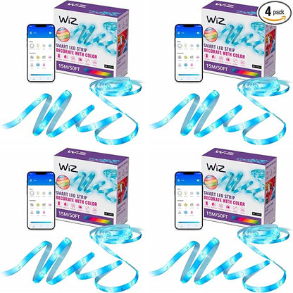 WiZ LED Smart Light Strip - Sunset to Sunrise Automation + Preset Light Modes + Control with Voice or App, Full Color RGB, Works with Alexa, Google Home, and HomeKit - 50 ft Cut to Fit (Pack of 4)