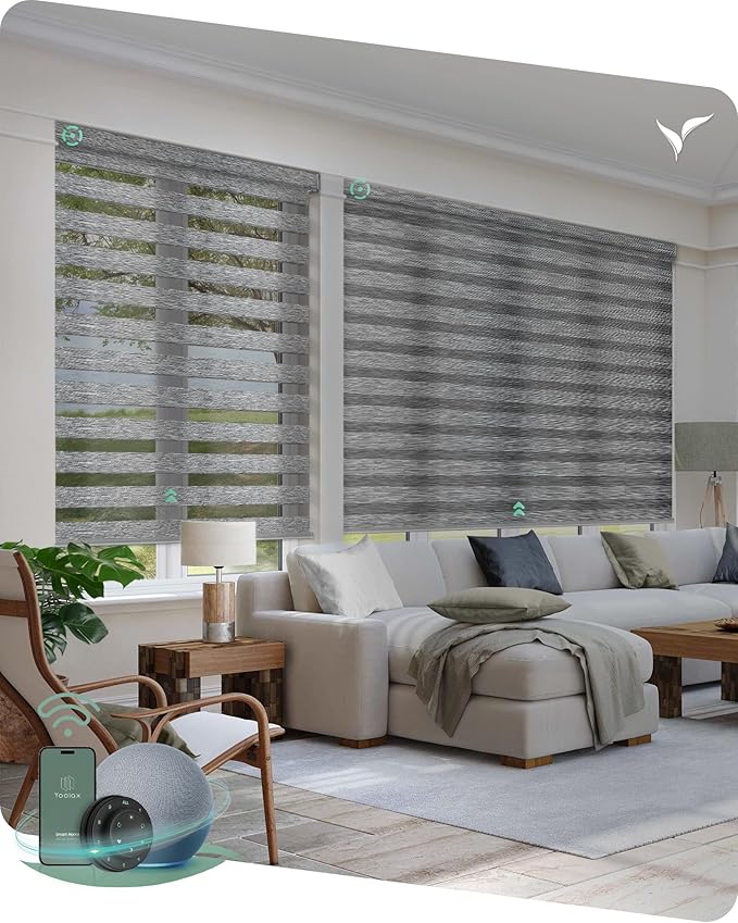 Yoolax Motorized Blinds with Remote, Motorized Zebra Shades Compatible with Alexa, Privacy Motorized Blinds, Zebra Shades for Windows Custom Size(V-Jungle Light Grey)