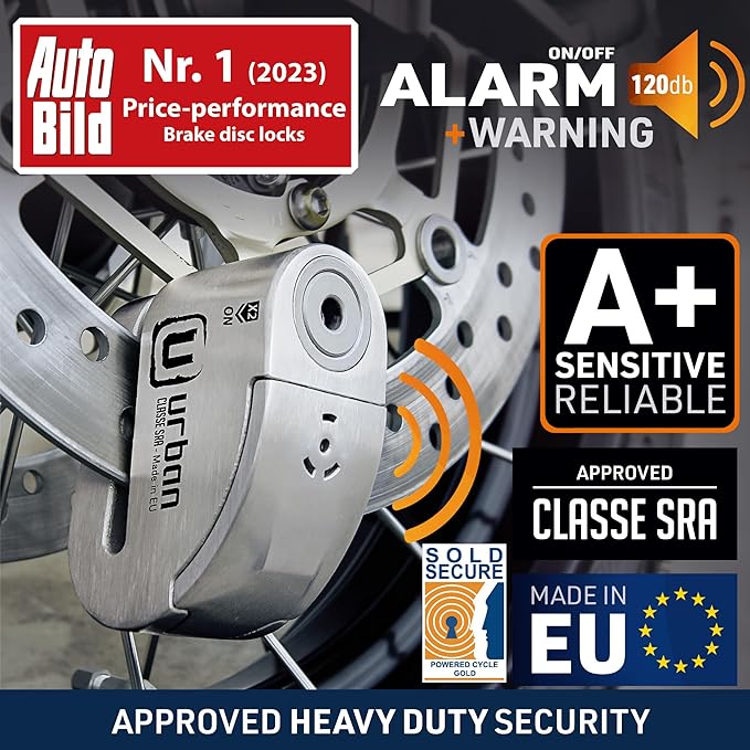 URBAN UR14S Approved Motorcycle Disc Lock with Smart Alarm | 120dB, LED, Warning, A+ Sensitivity, X2 ON | SRA & Sold Secure Gold Tested Anti-Theft for Motorbike | 14mm Double Locking, Stainless Steel