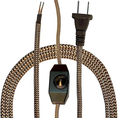 Royal Designs, Inc. Lamp Cord Molded Plug with Dimmer Switch, Stripped Ends Ready for Wiring, 8 ft Long, Brown/Gold, SPT-1 UL Listed (CO-5001D-BR/GL-8-1)