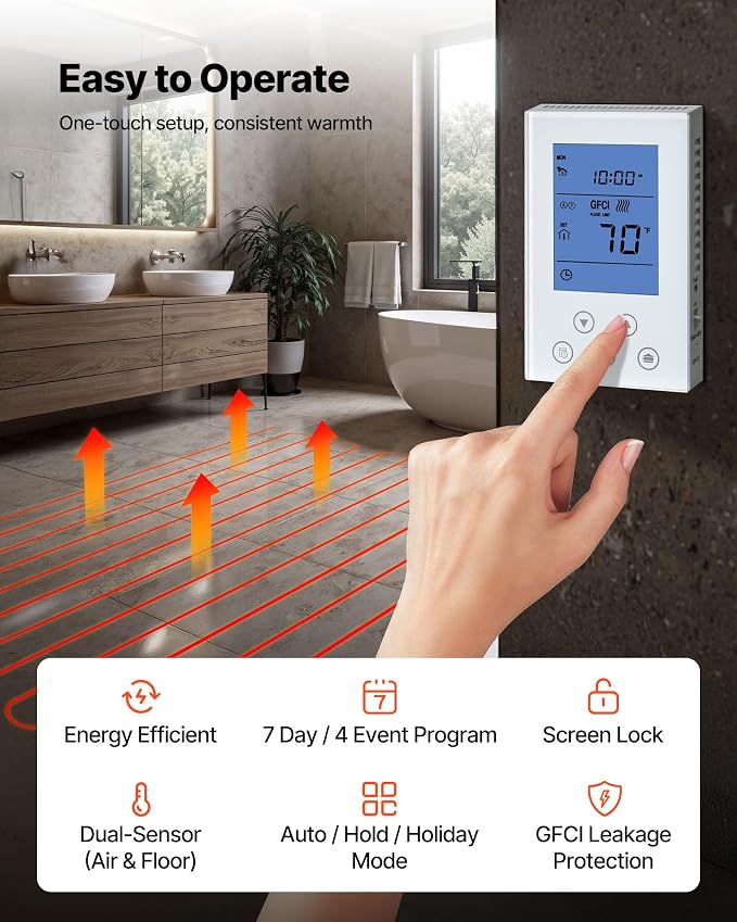 VEVOR 50 sqft Underfloor Heating Cable Kit, 120V Electric Radiant Heated Floor System, with Smart Control Thermostat & Alarm, Easy Installation for Tile, Stone, Vinyl, Home Improvement
