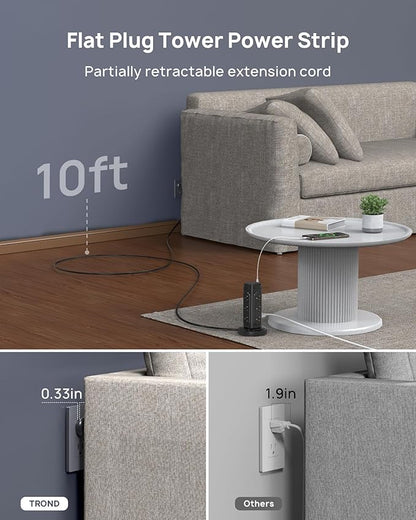 TROND Semi-Retractable Power Strip Tower - Flat Plug Surge Protector Power Strip with USB C PD 20W, 10ft Extension Cord with Multiple Outlets, 1700 Joules, Home Office Dorm Room Essentials, Black