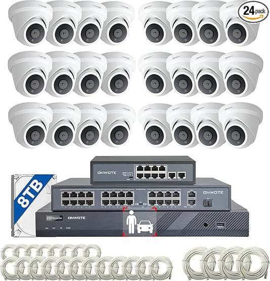 ONWOTE 4K 32 Channel Security Camera System PoE, 12MP 32CH NVR 8TB, 24x 8MP Outdoor Audio PoE IP Cameras, AI Human Vehicle Detection, 32 Ports Switch, 24 Cables-2280ft, Commercial CCTV for Business