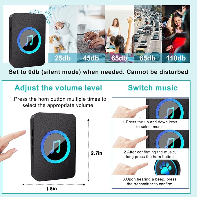 Dog Door Bell for Potty Training, Smart Wireless Doggie Doorbell to Go Outside, 1000 Feet Long Range with IP65 Waterproof Super-Light Touch Button, 60 Melodies & Adjustable Volume (Black)