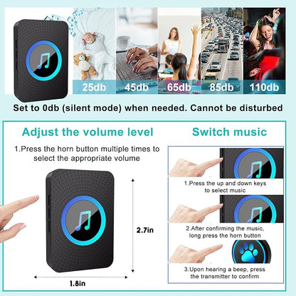 Dog Door Bell for Potty Training, Smart Wireless Doggie Doorbell to Go Outside, 1000 Feet Long Range with IP65 Waterproof Super-Light Touch Button, 60 Melodies & Adjustable Volume (Black)