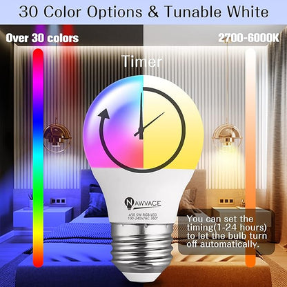 RGB Color Changing Light Bulb with Remote Control, 5W 40W Colored Light, 30 Color RGB for Bedroom, Living Room, 6-Pack