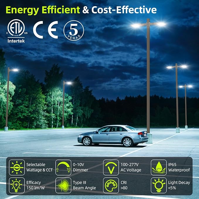 320W LED Parking Lot Light 48000LM, Power Tunable & 3CCT (3000K-5000K) ETL Listed LED Pole Light IP65 Super Bright Commercial Flood Light with Photocell Arm & Slip Fitter Mount, AC100-277V