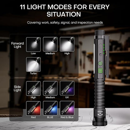EDC Flashlight Rechargeable,800 Lumen Small Flashlight with Magnetic Clip & Base, 11 Modes LED Flashlight,Glass Breaker&Bottle Opener, USB-C Flashlight for Working,Home and Emergency