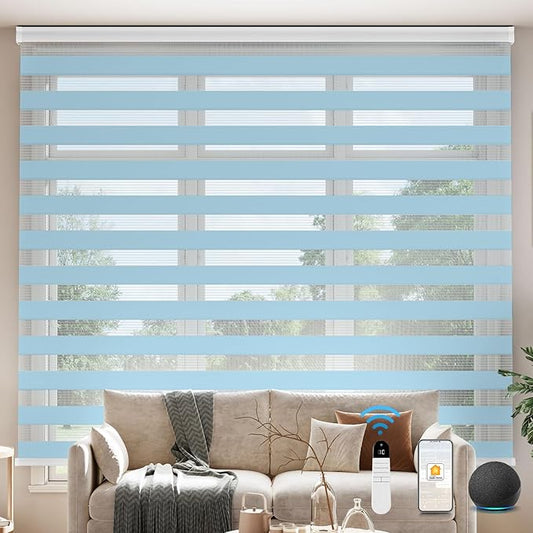 Interior Window Shades, Smart Dual Layer Light Filtering Blinds Compatible with Alexa & Google Home, Customized Size Cordless Electric Window Shades, (Blue, 55% Blackout)